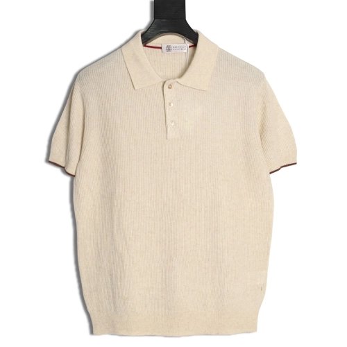 Brunello Cucinelli Solid Color Collared Ribbed Knit Short-Sleeve Polo Shirt,Brunello Cucinelli