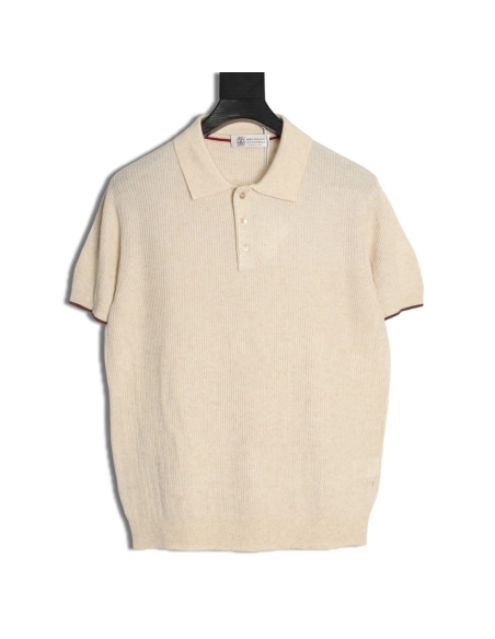 Brunello Cucinelli Solid Color Collared Ribbed Knit Short-Sleeve Polo Shirt,Brunello Cucinelli