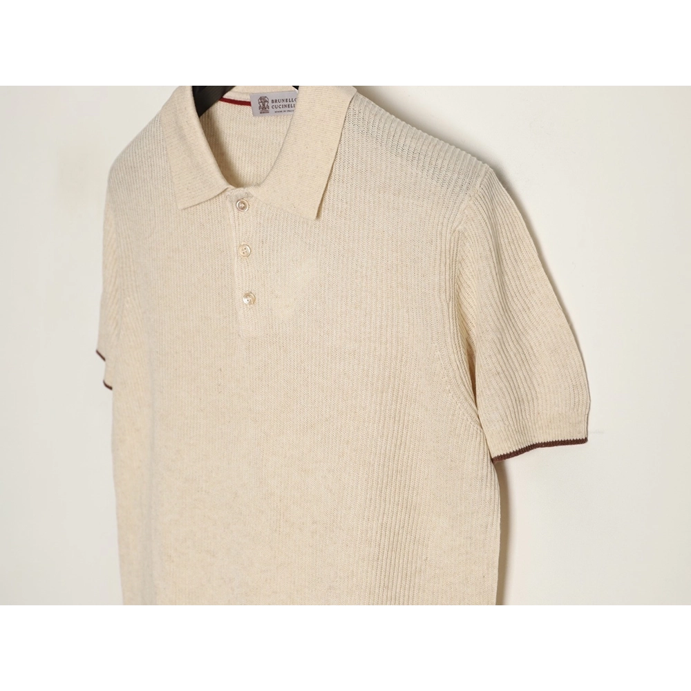 Brunello Cucinelli Solid Color Collared Ribbed Knit Short-Sleeve Polo Shirt,Brunello Cucinelli