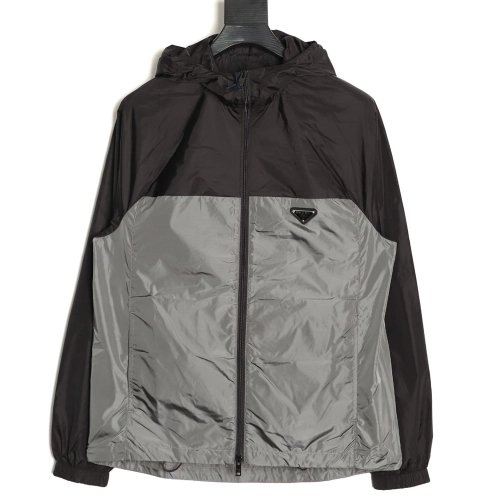 Prada recycled nylon black and gray color-blocked hooded jacket,Prada