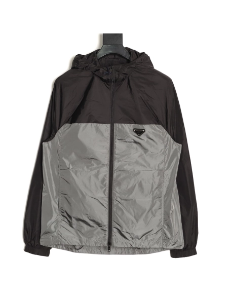 Prada recycled nylon black and gray color-blocked hooded jacket,Prada