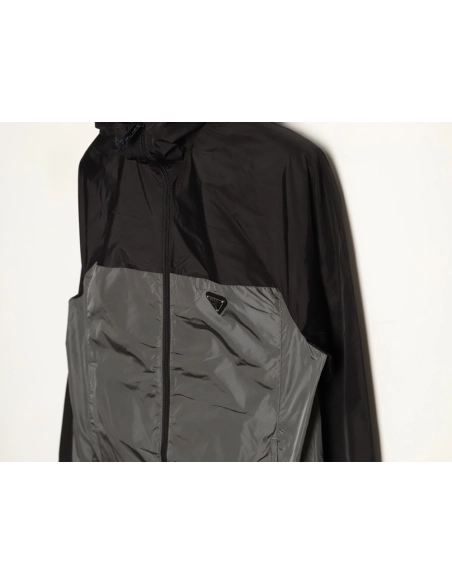 Prada recycled nylon black and gray color-blocked hooded jacket,Prada