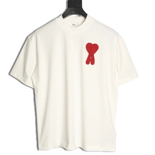 AMI Minimalist Style 3D Chunky Knit Heart Embroidered Logo Short-Sleeve T-Shirt,Ami
