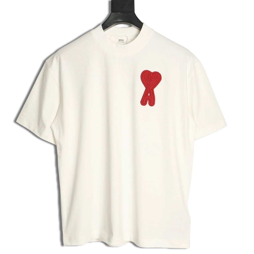 AMI Minimalist Style 3D Chunky Knit Heart Embroidered Logo Short-Sleeve T-Shirt,Ami