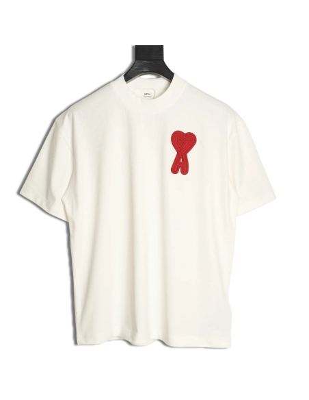 AMI Minimalist Style 3D Chunky Knit Heart Embroidered Logo Short-Sleeve T-Shirt,Ami