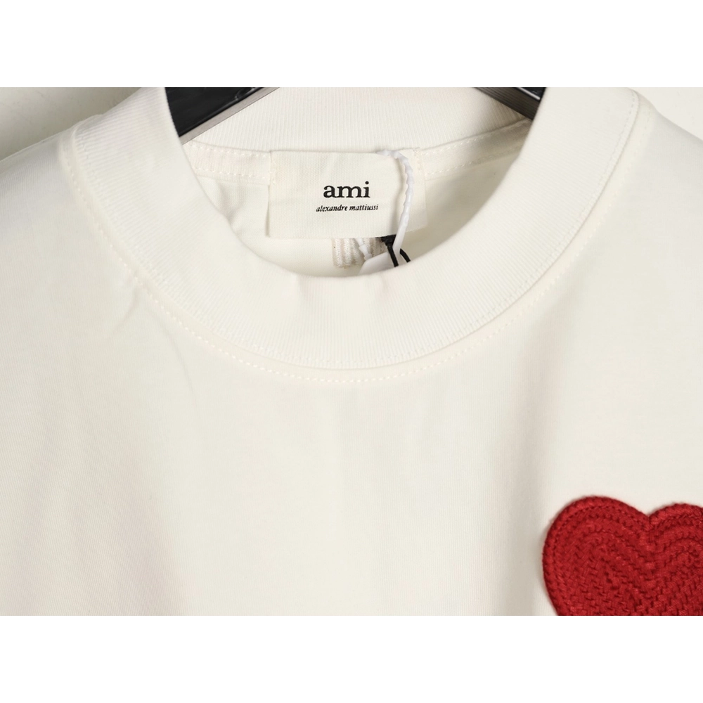 AMI Minimalist Style 3D Chunky Knit Heart Embroidered Logo Short-Sleeve T-Shirt,Ami