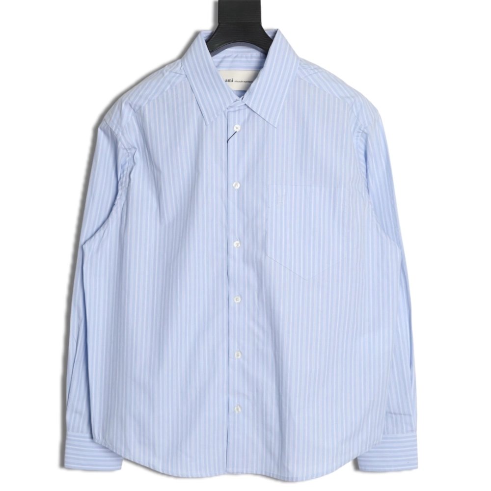 AMI Blue Vertical-Striped Embroidered Long-Sleeve Shirt,Ami