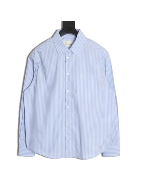 AMI Blue Vertical-Striped Embroidered Long-Sleeve Shirt,Ami