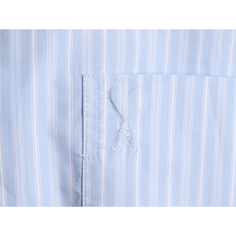 AMI Blue Vertical-Striped Embroidered Long-Sleeve Shirt,Ami