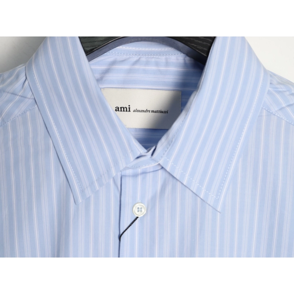 AMI Blue Vertical-Striped Embroidered Long-Sleeve Shirt,Ami
