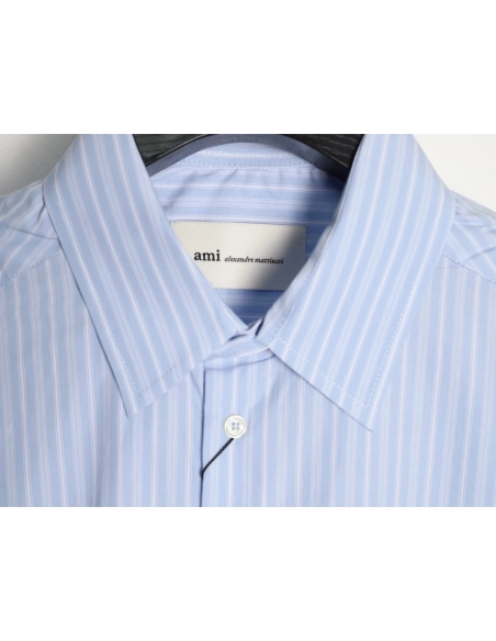 AMI Blue Vertical-Striped Embroidered Long-Sleeve Shirt,Ami
