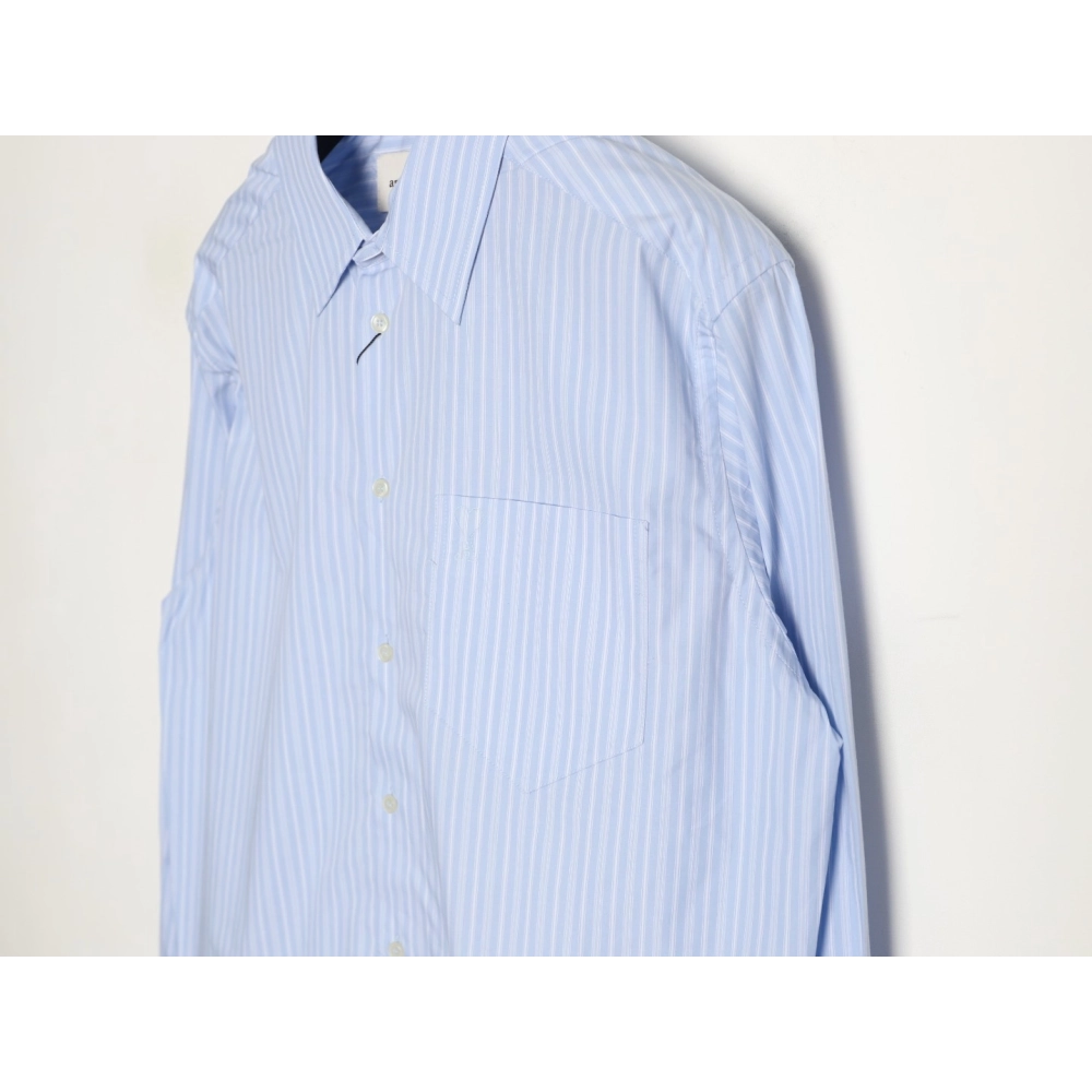 AMI Blue Vertical-Striped Embroidered Long-Sleeve Shirt,Ami