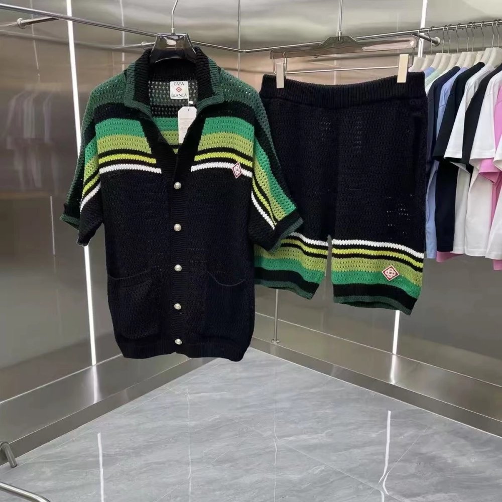 Casablanca Black Green Striped Crochet Short Sleeve Shirt Set,Casablanca