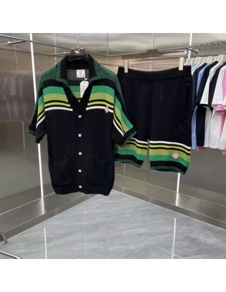 Casablanca Black Green Striped Crochet Short Sleeve Shirt Set,Casablanca