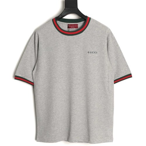 Gucci color-blocked ribbed trim letter embroidered short-sleeved T-shirt,Gucci