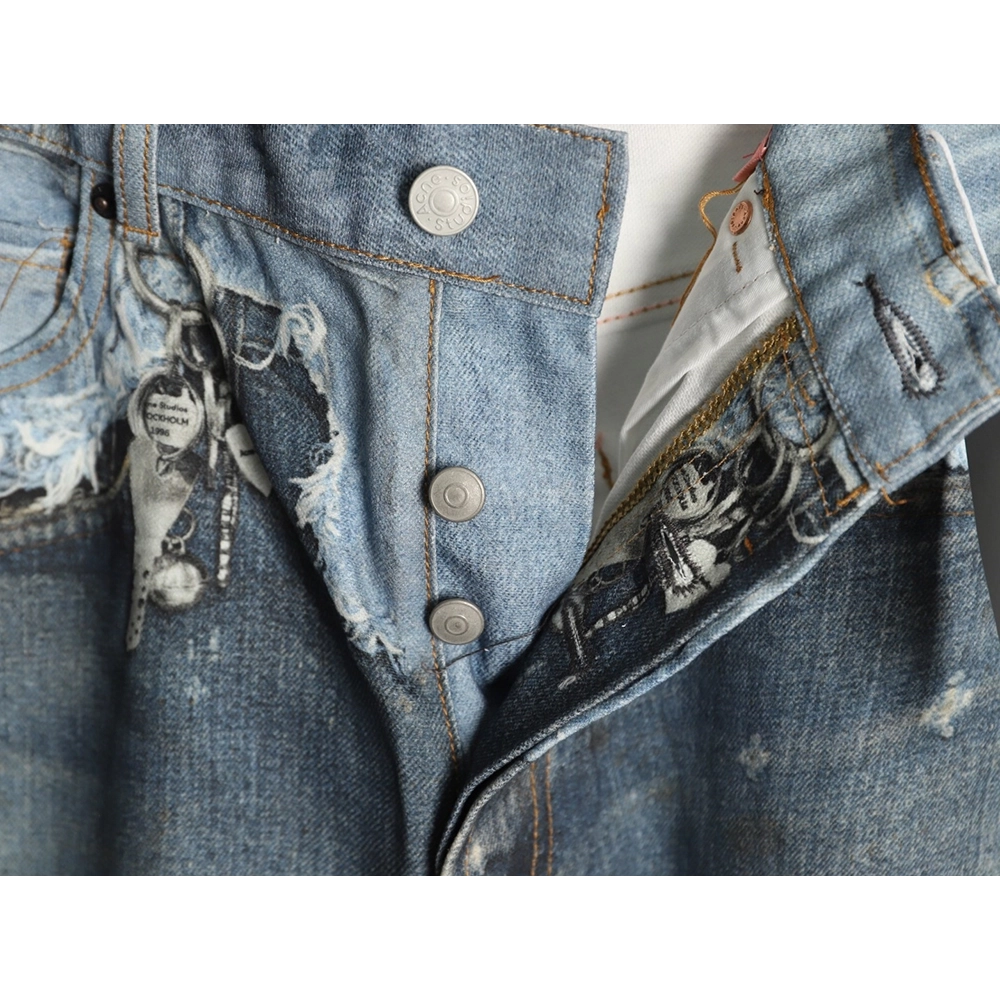 Acne Studios Trompe-l?il Print Distressed Denim Shorts,Stussy