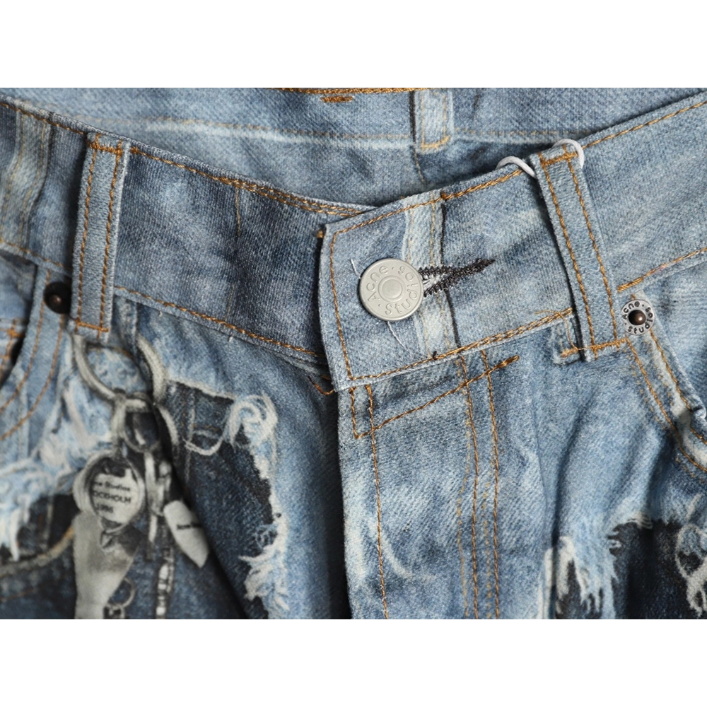 Acne Studios Trompe-l?il Print Distressed Denim Shorts,Stussy