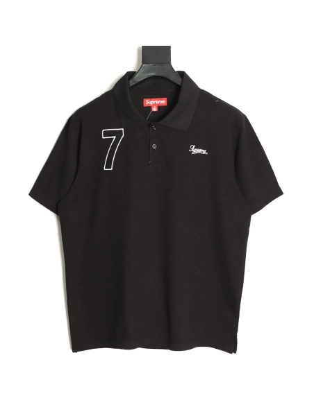 Supreme No. 7 Embroidered Cursive Pattern Short-Sleeve Polo Shirt TSK1,Supreme