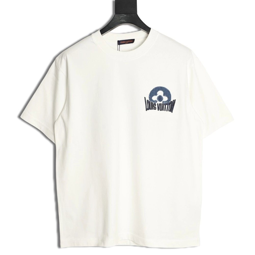 Louis Vuitton Distressed Denim Patchwork Embroidery Crewneck T-Shirt,Louis Vuitton