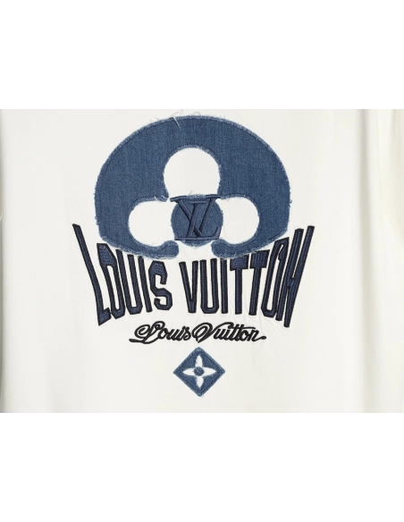 Louis Vuitton Distressed Denim Patchwork Embroidery Crewneck T-Shirt,Louis Vuitton