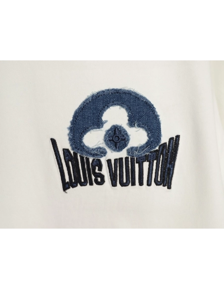 Louis Vuitton Distressed Denim Patchwork Embroidery Crewneck T-Shirt,Louis Vuitton