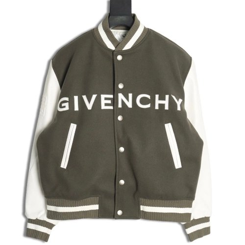Givenchy Embroidered Letter Leather Sleeve Patchwork Wool Baseball Jacket,Givenchy
