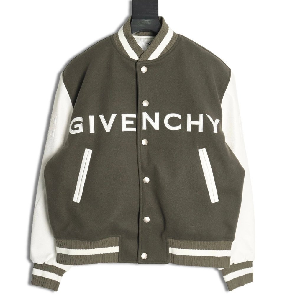 Givenchy Embroidered Letter Leather Sleeve Patchwork Wool Baseball Jacket,Givenchy