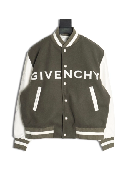 Givenchy Embroidered Letter Leather Sleeve Patchwork Wool Baseball Jacket,Givenchy