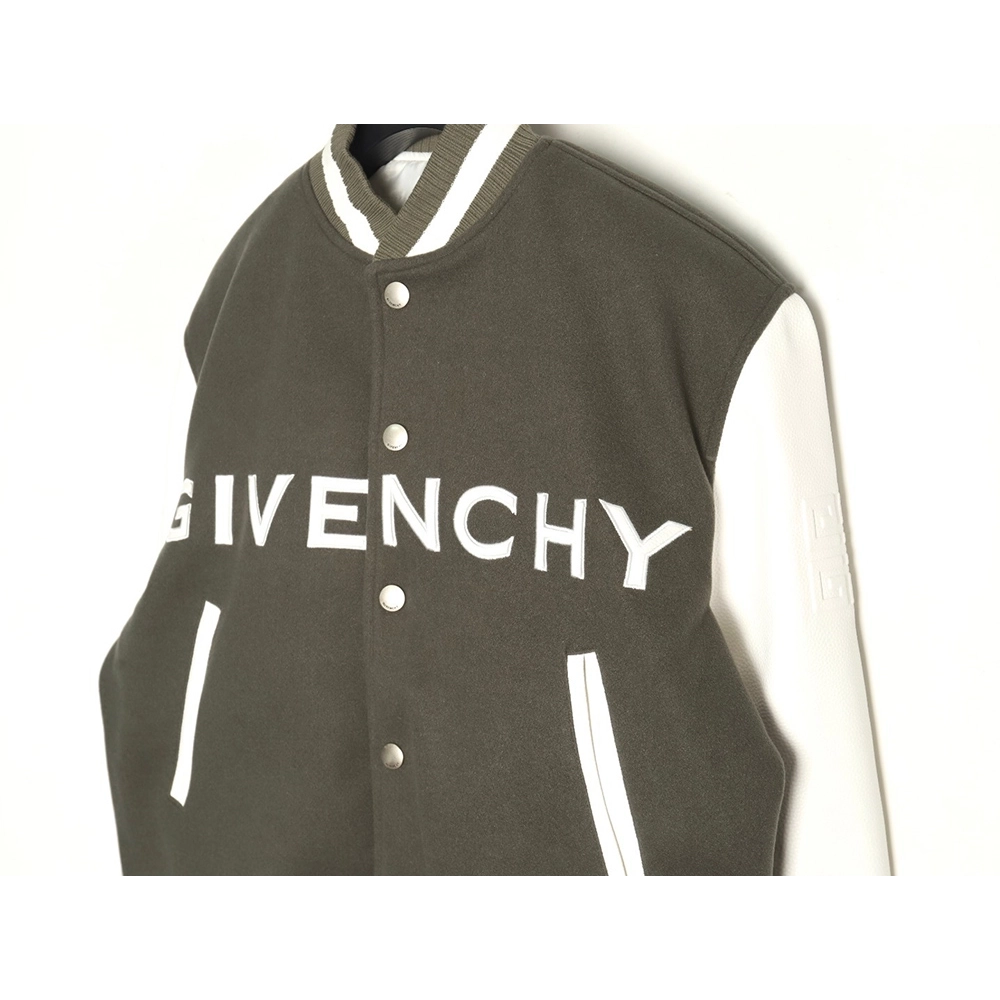 Givenchy Embroidered Letter Leather Sleeve Patchwork Wool Baseball Jacket,Givenchy