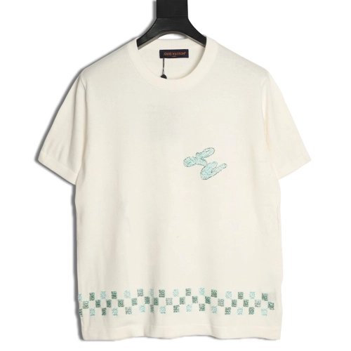 Louis Vuitton Beaded Letter Hem Checkered Knit Short-Sleeve Top,Louis Vuitton