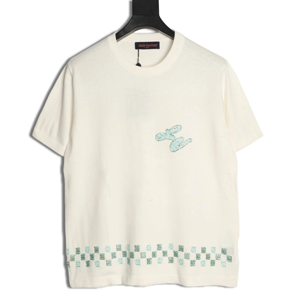 Louis Vuitton Beaded Letter Hem Checkered Knit Short-Sleeve Top,Louis Vuitton