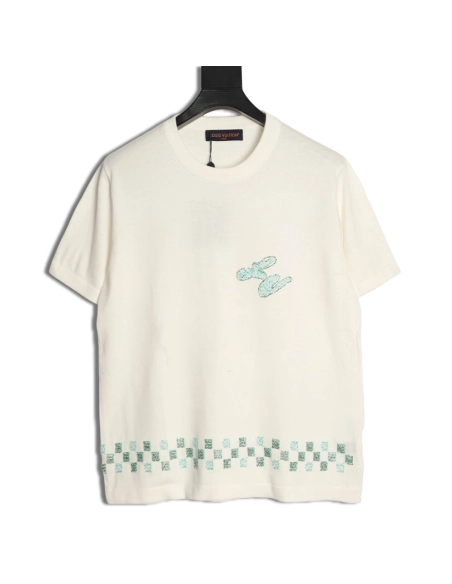 Louis Vuitton Beaded Letter Hem Checkered Knit Short-Sleeve Top,Louis Vuitton