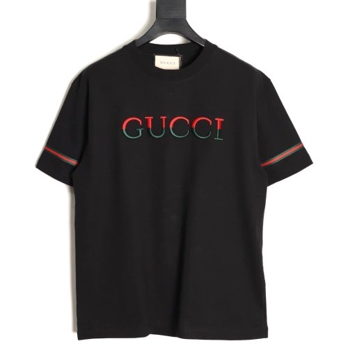 Gucci red and green 3D embroidered ribbon short-sleeved T-shirt TSK1,Gucci