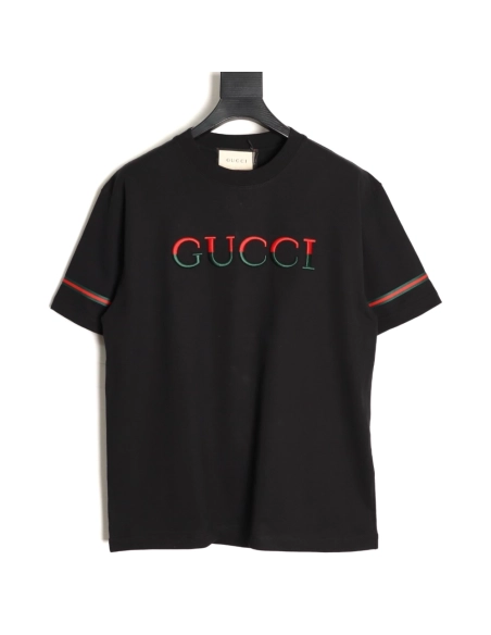 Gucci red and green 3D embroidered ribbon short-sleeved T-shirt TSK1,Gucci
