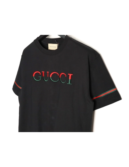 Gucci red and green 3D embroidered ribbon short-sleeved T-shirt TSK1,Gucci