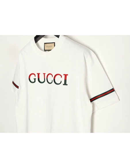 Gucci red and green 3D embroidered ribbon short-sleeved T-shirt,Gucci