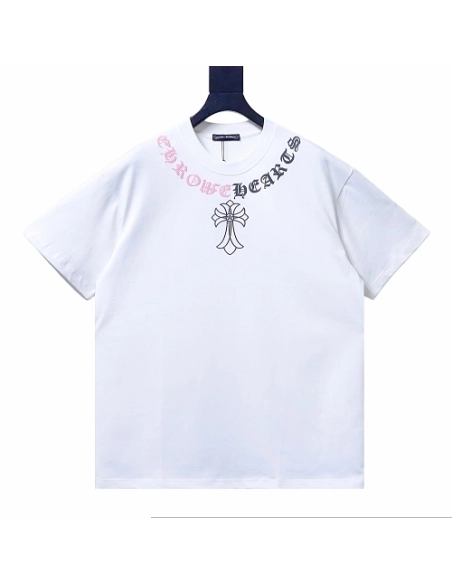 Chrome Hearts Color-block Gothic Script Cross Print T-Shirt White,Chrome Hearts T-Shirts,T-Shirts,CLOTHES
