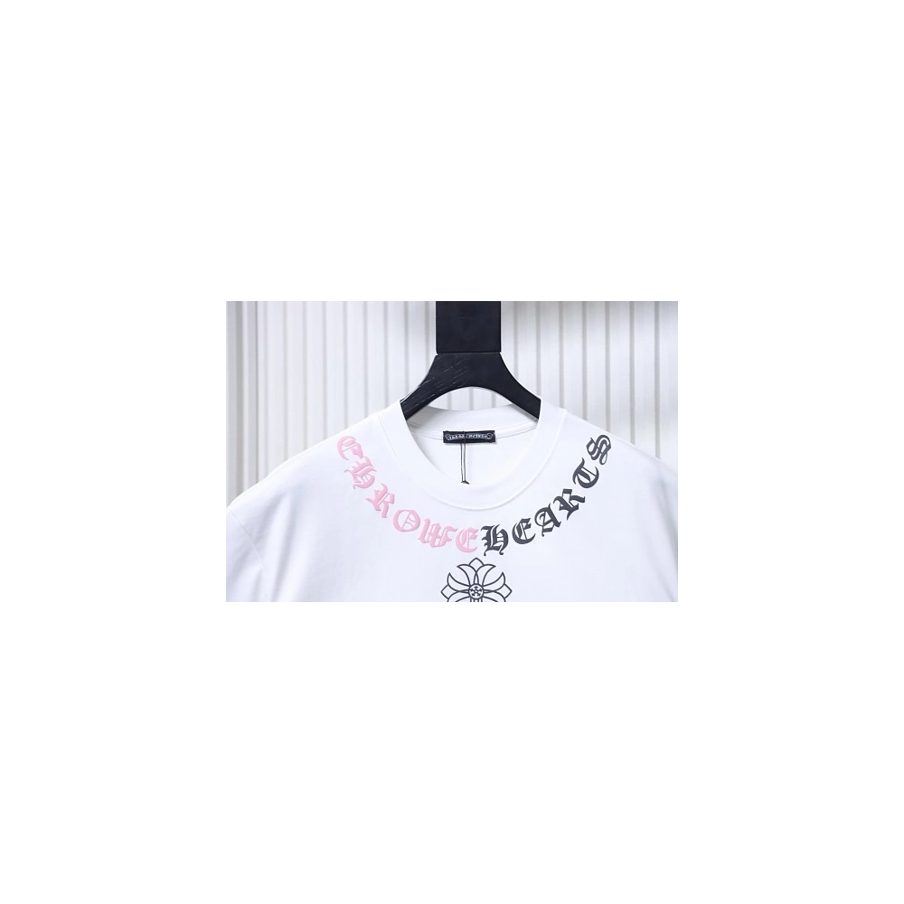 Chrome Hearts Color-block Gothic Script Cross Print T-Shirt White,Chrome Hearts T-Shirts,T-Shirts,CLOTHES
