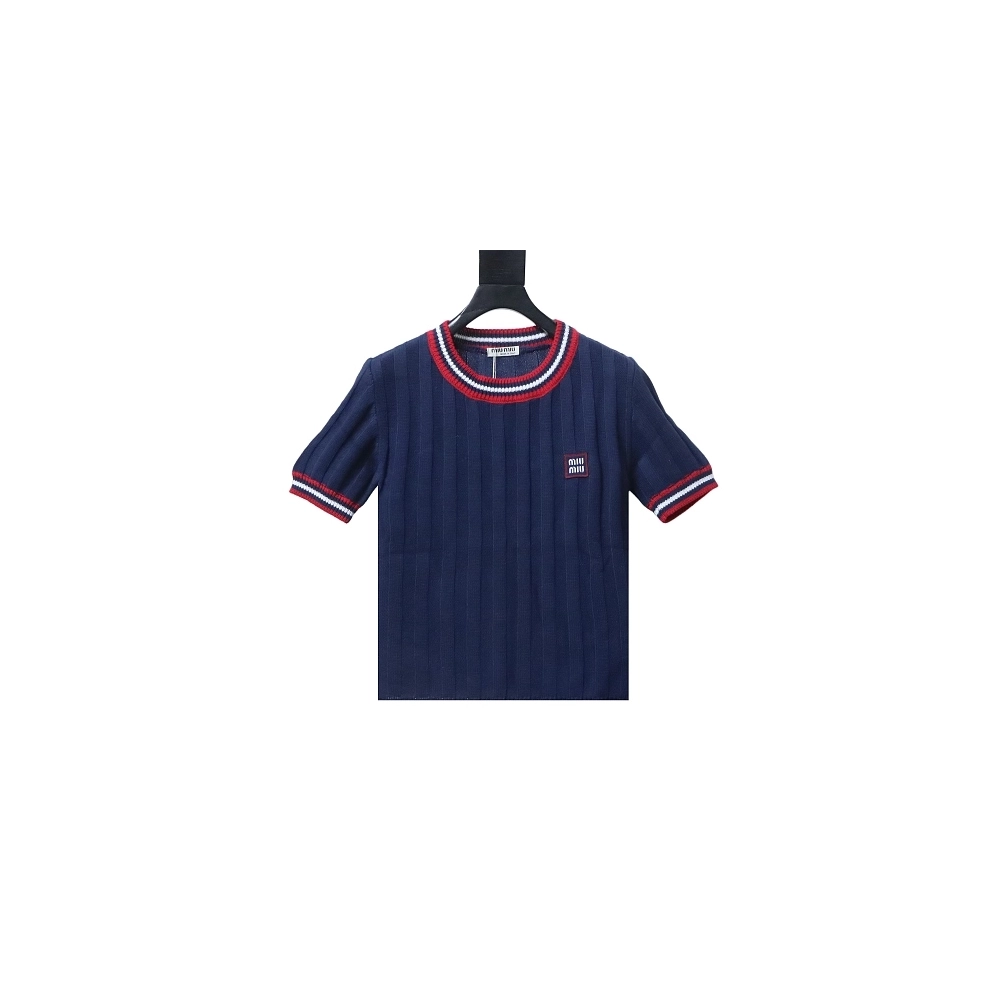 Miu Miu Preppy-Style Short-Sleeve Knit T-Shirt Blue,Miu Miu T-shirts,T-Shirts,CLOTHES
