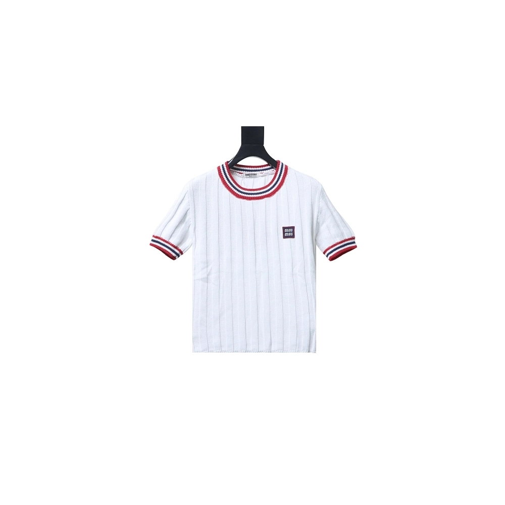 Miu Miu Preppy-Style Short-Sleeve Knit T-Shirt White,Miu Miu T-shirts,T-Shirts,CLOTHES