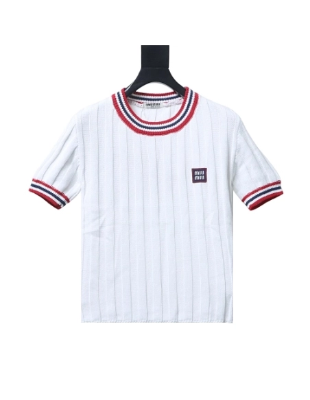 Miu Miu Preppy-Style Short-Sleeve Knit T-Shirt White,Miu Miu T-shirts,T-Shirts,CLOTHES