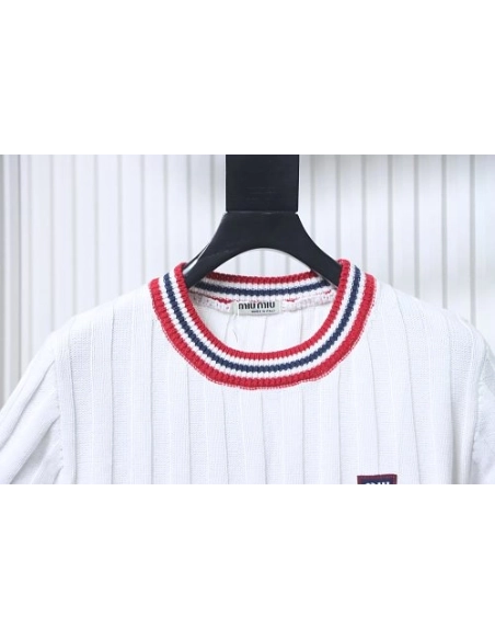 Miu Miu Preppy-Style Short-Sleeve Knit T-Shirt White,Miu Miu T-shirts,T-Shirts,CLOTHES