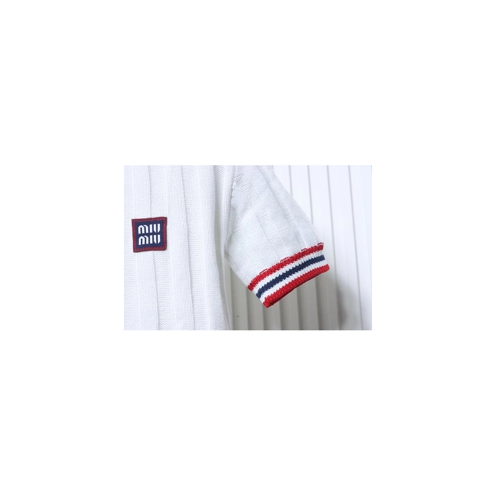 Miu Miu Preppy-Style Short-Sleeve Knit T-Shirt White,Miu Miu T-shirts,T-Shirts,CLOTHES