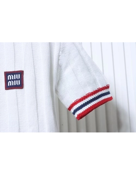 Miu Miu Preppy-Style Short-Sleeve Knit T-Shirt White,Miu Miu T-shirts,T-Shirts,CLOTHES