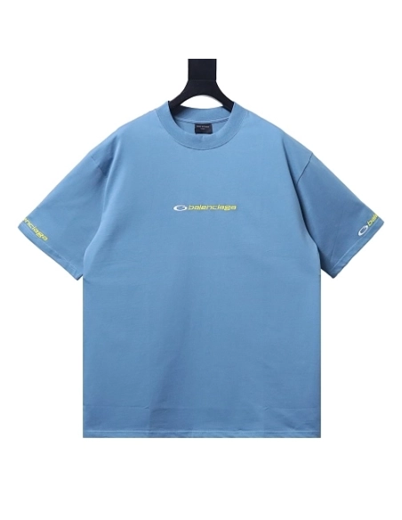 Balenciaga Sleeve Logo Embroidered T-Shirt Blue,Balenciaga T-Shirts,T-Shirts,CLOTHES