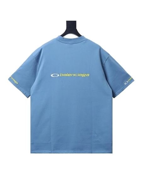 Balenciaga Sleeve Logo Embroidered T-Shirt Blue,Balenciaga T-Shirts,T-Shirts,CLOTHES