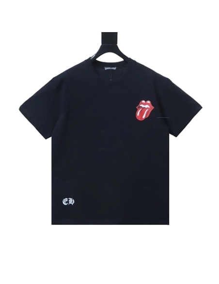 Chrome Hearts Rolling Stones Red Horseshoe Big Tongue Print T-Shirt Black,Chrome Hearts T-Shirts,T-Shirts,CLOTHES