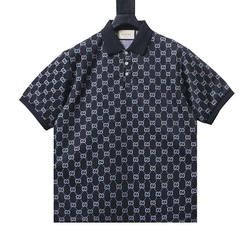 Gucci All-Over Print Short Sleeve Polo Shirt Black Gray,Gucci T-shirts,T-Shirts,CLOTHES
