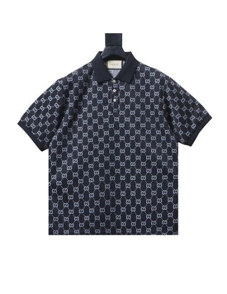 Gucci All-Over Print Short Sleeve Polo Shirt Black Gray,Gucci T-shirts,T-Shirts,CLOTHES