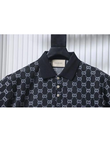 Gucci All-Over Print Short Sleeve Polo Shirt Black Gray,Gucci T-shirts,T-Shirts,CLOTHES